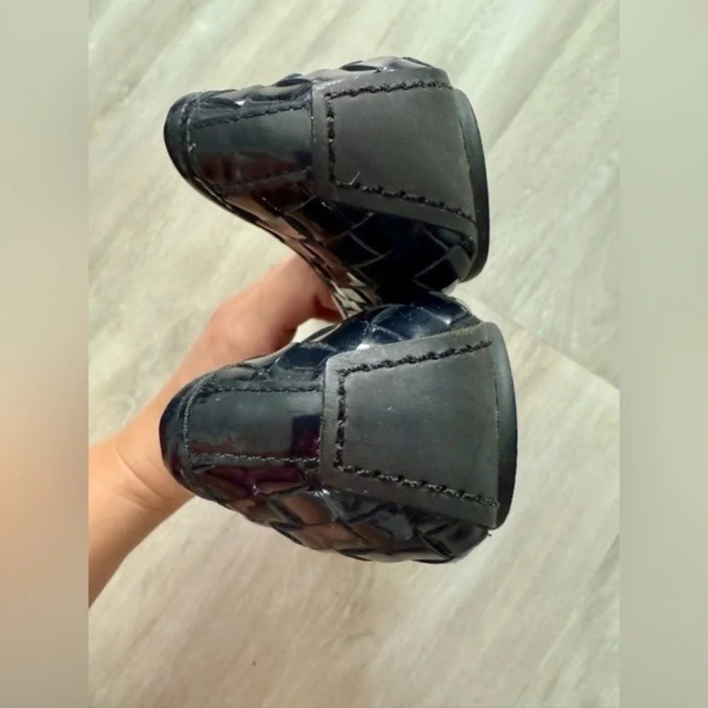 Tory‎ Burch Woven Patent Ballet Flats Womens 7.5M Black Good Gold Logo Bow